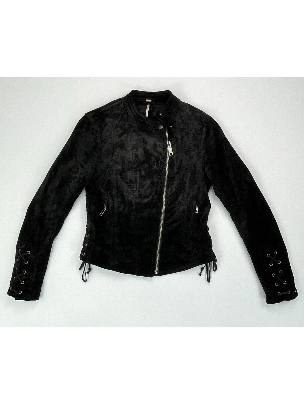 FREE PEOPLE Black Lacey Velvet Moto Jacket Lace Up Sleeve Corset Biker XS